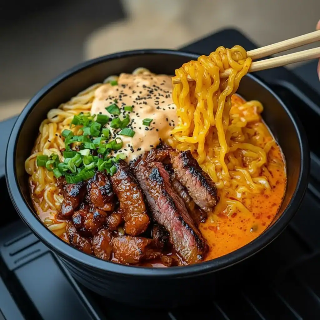 Korean Ramen with Beef Recipe - Spicy and Creamy Sauce