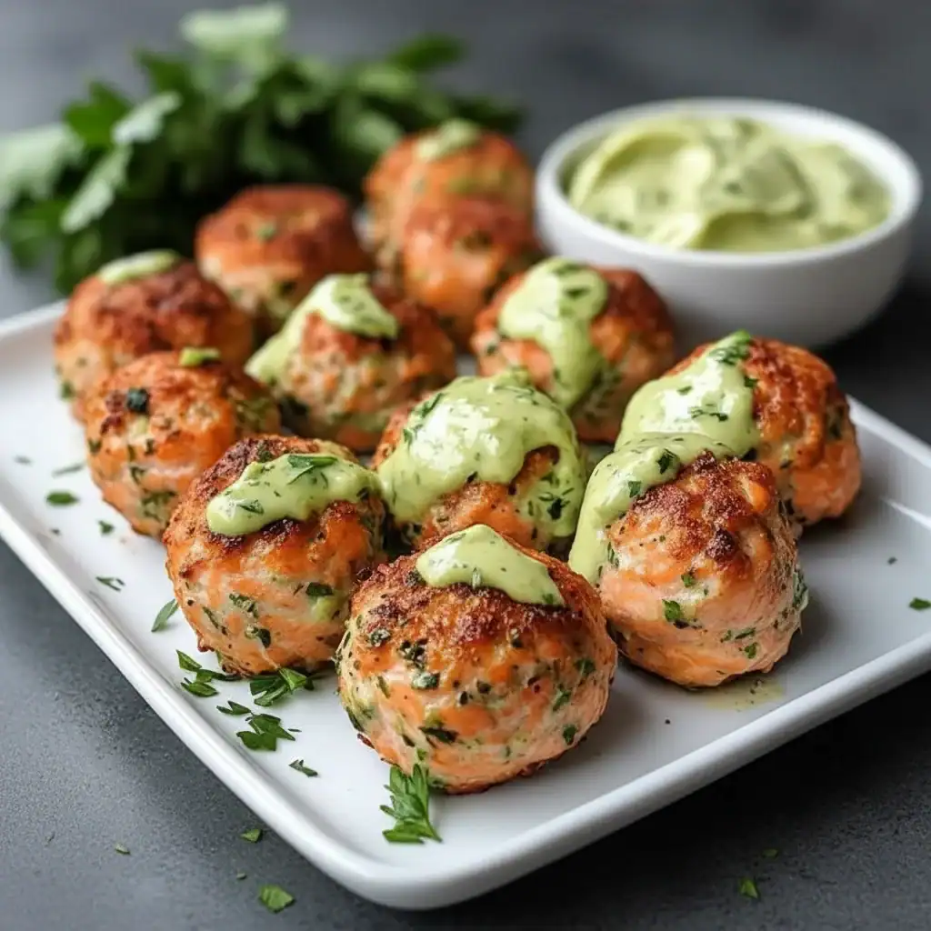 Salmon Meatballs with Avocado Sauce Recipe - Baked and Nutritious