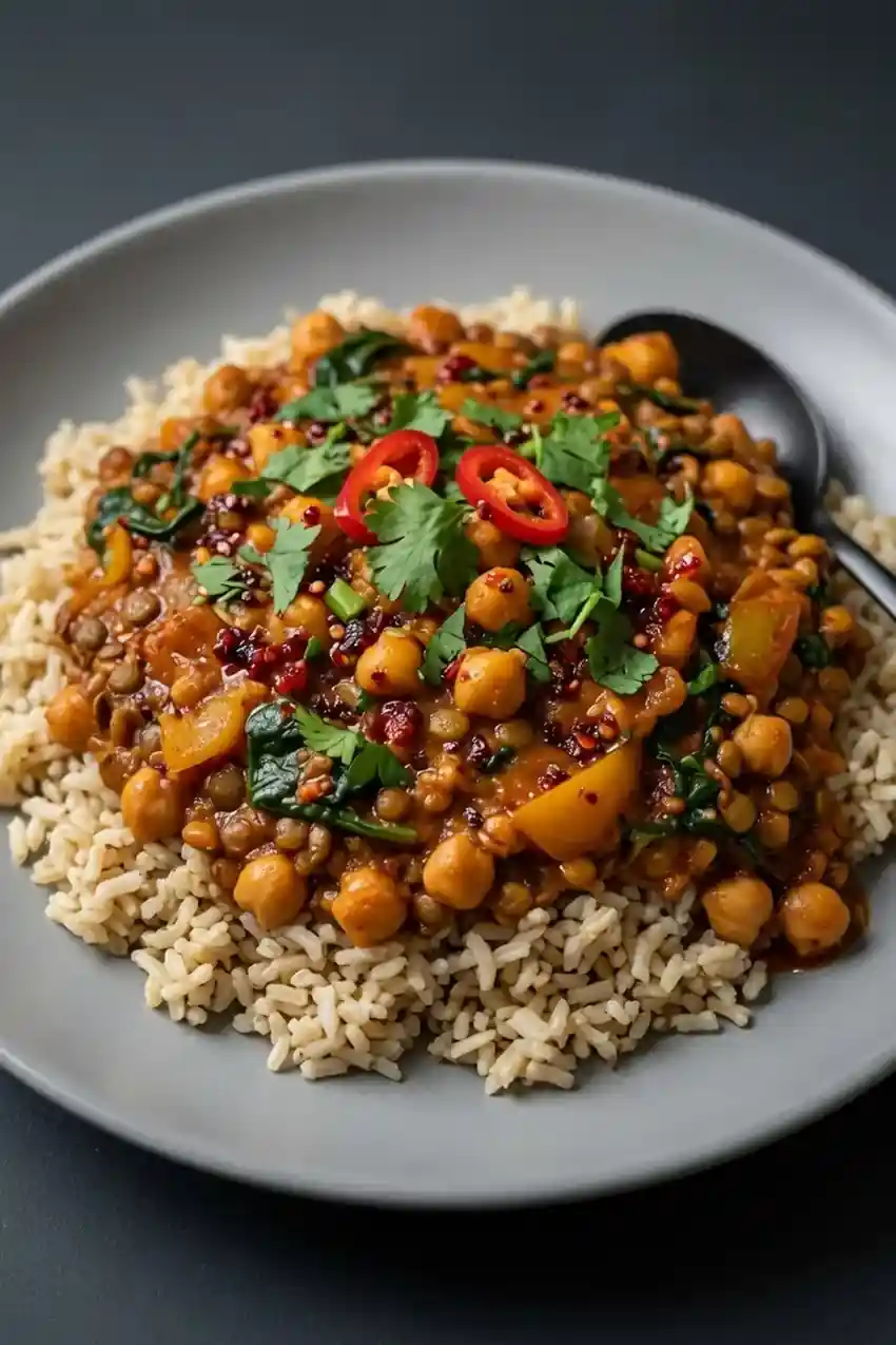 Spicy Lentil & Chickpea Curry with Brown Rice